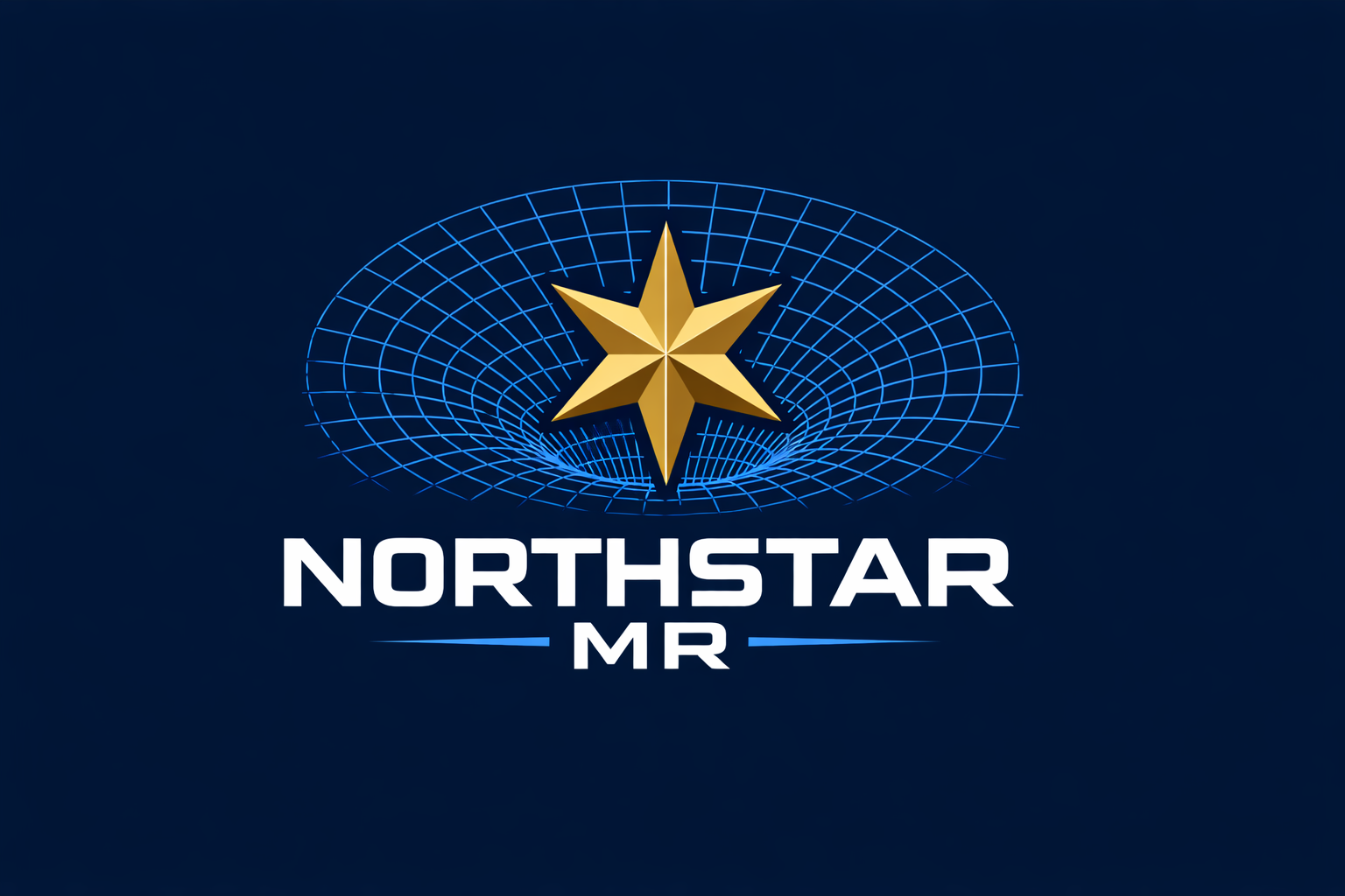 Northstar MR — gold star anchored above a luminous blue grid wormhole